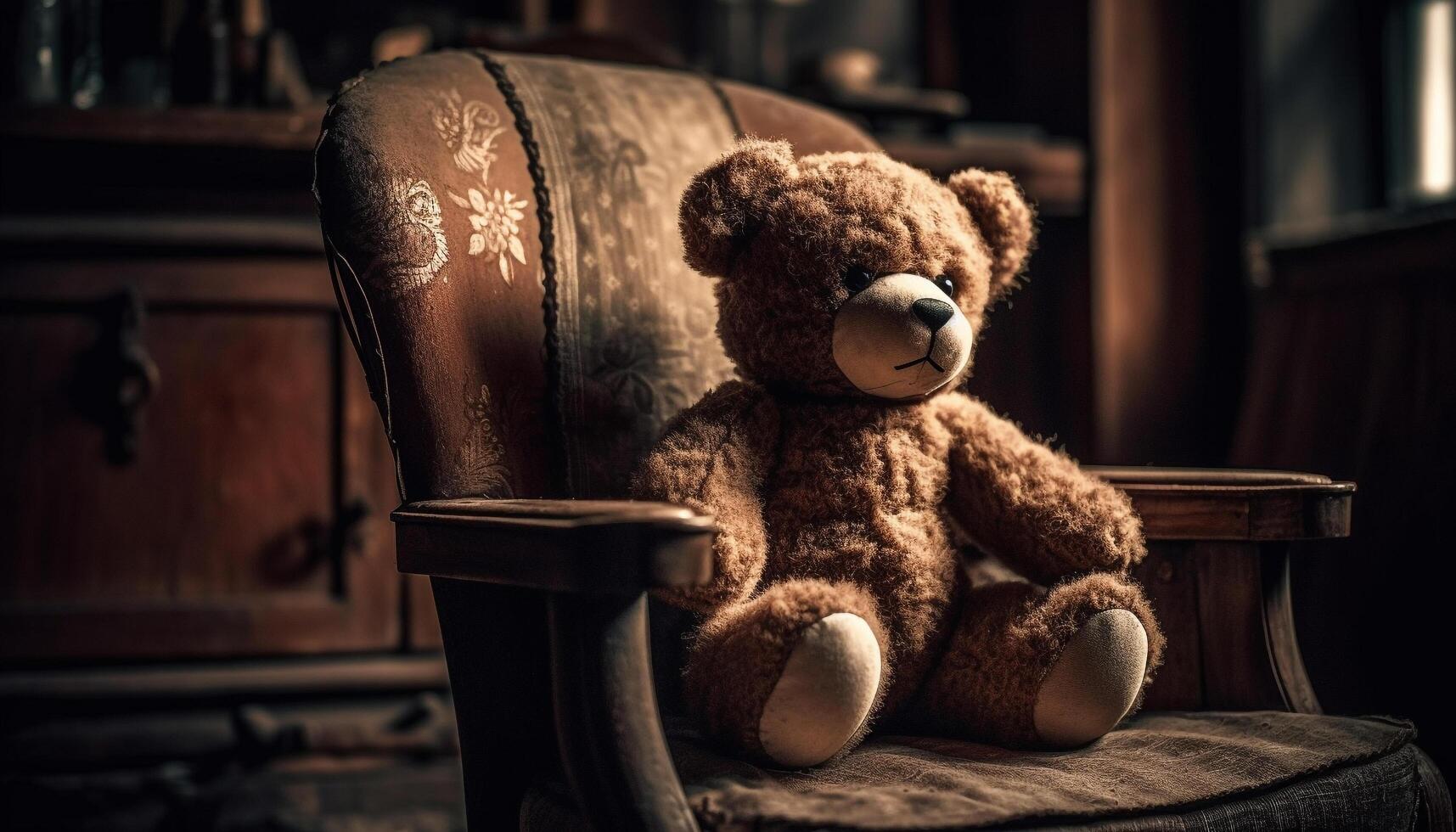 Abandoned old fashioned bedroom with elegant antique chair and cute teddy bear generated by AI photo