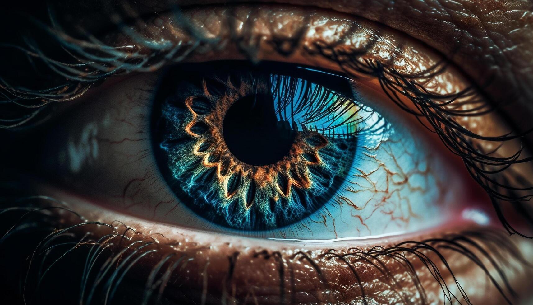 Blue eyed woman staring at camera, reflecting beauty and creativity generated by AI photo