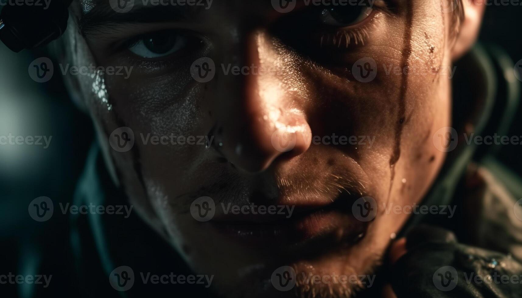 Lonely man stares with determination, masculinity in dark portrait generated by AI photo