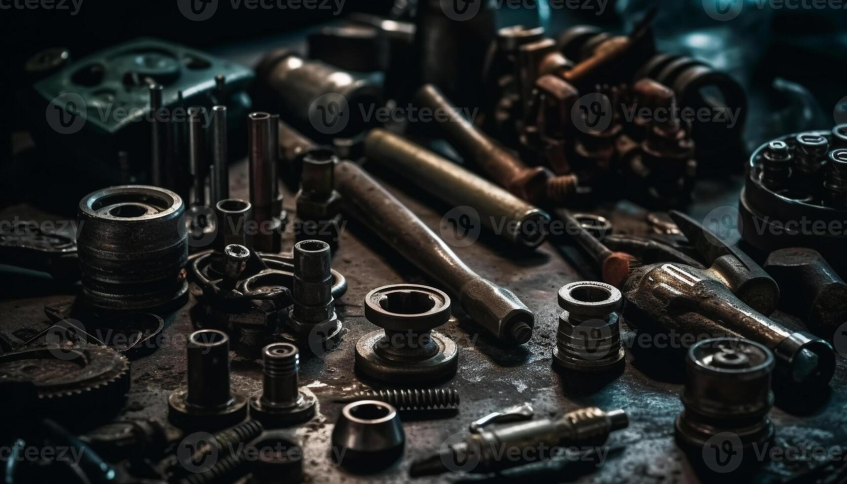 Rusty metal machinery in dirty factory workshop with selective focus generated by AI photo