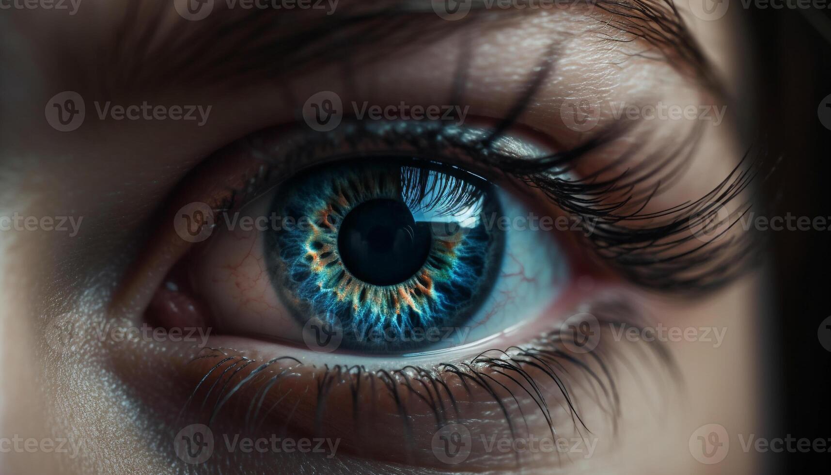 azul ojos mujer curioso, cerca arriba de iris, belleza en macro generado por ai foto