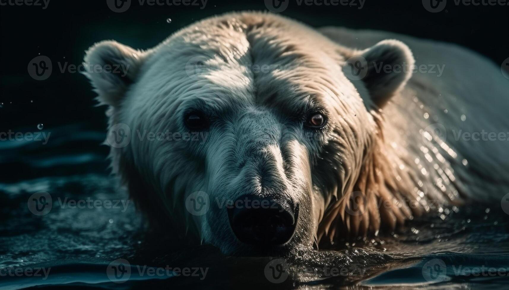 Arctic canine swimming in tranquil pond, looking at camera generated by AI photo