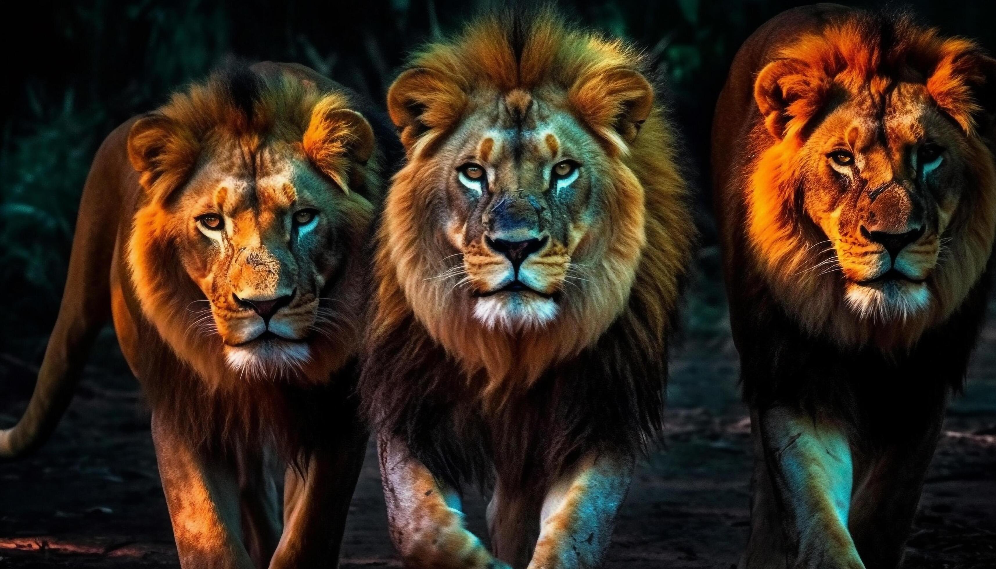 Lion pride walking in a row through African wilderness area generated
