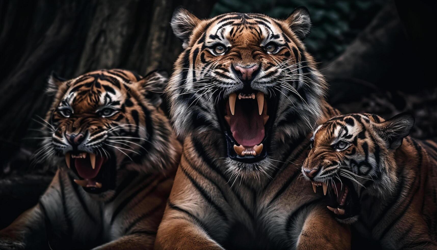 Striped Bengal tiger staring fiercely, showing off majestic yellow fur generated by AI photo