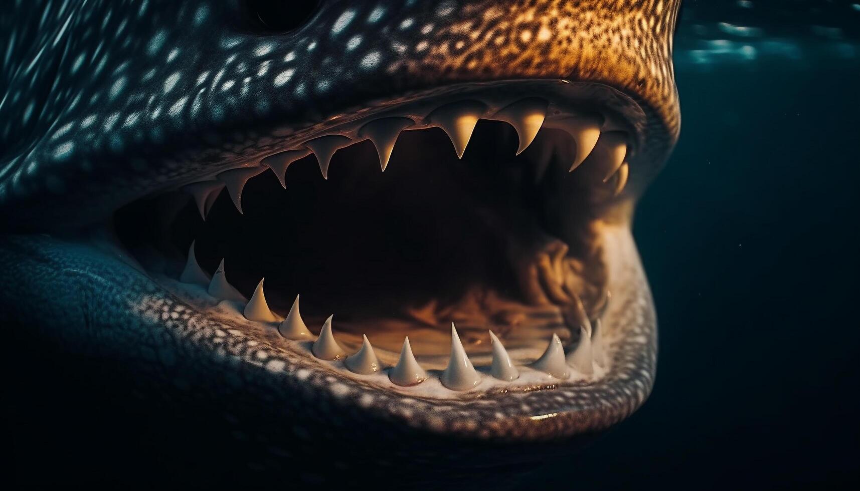 Furious dinosaur roaring with sharp teeth in underwater confrontation generated by AI photo