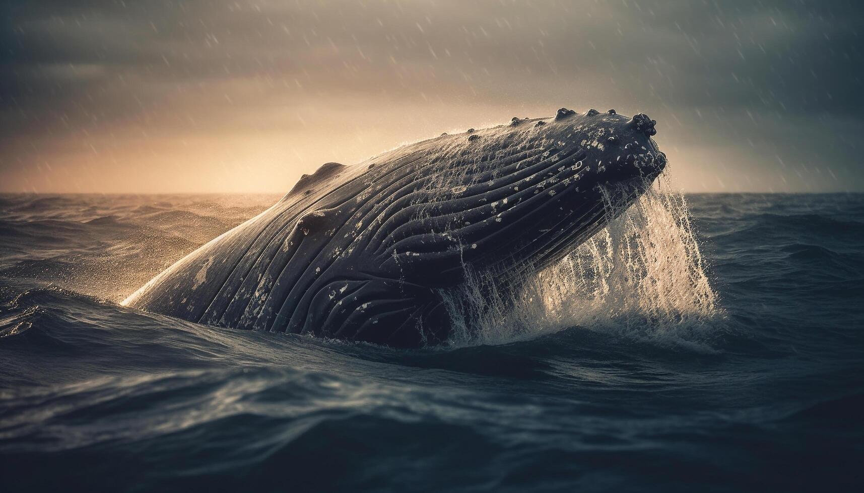 Majestic humpback whale splashing in blue waters at sunset generated by AI photo