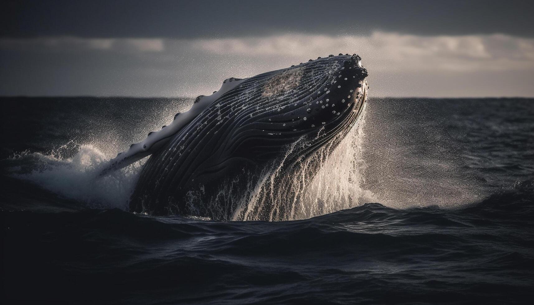 Majestic humpback whale splashing in blue sea, under sunset sky generated by AI photo