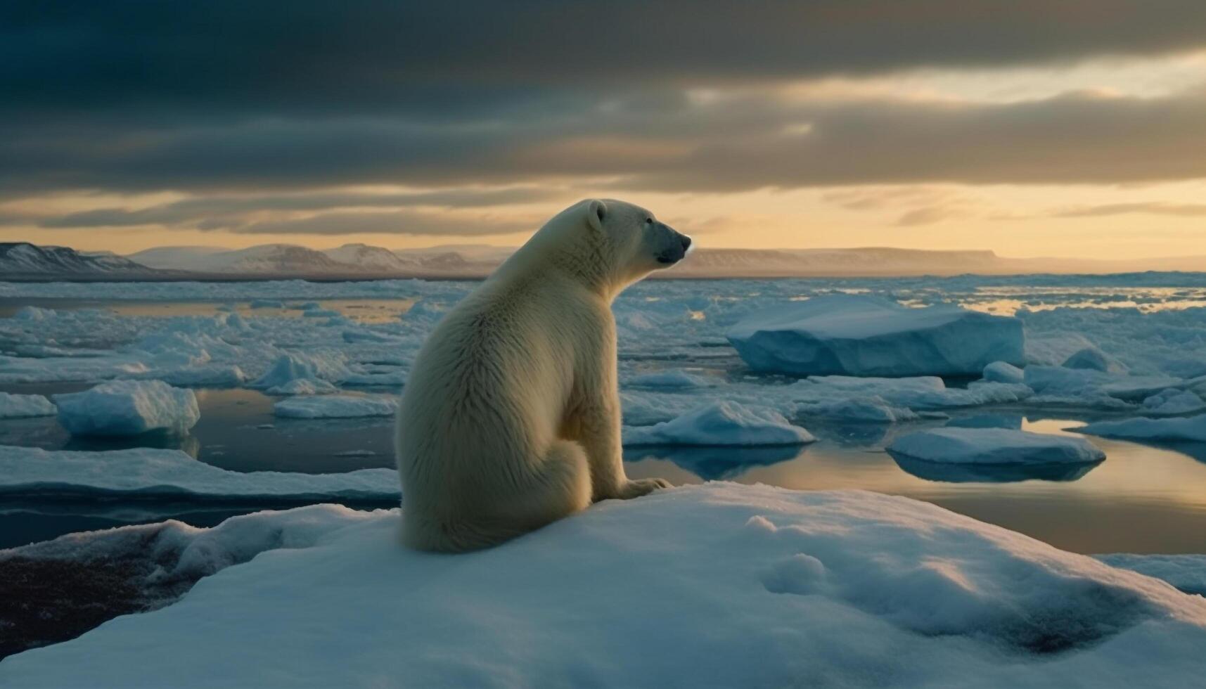 Majestic arctic mammal sitting on ice floe, reflecting tranquil beauty generated by AI photo