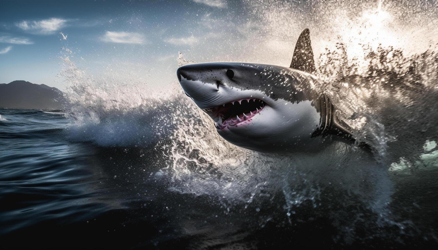 Majestic dolphin jumping in the blue sea, splashing water everywhere generated by AI photo