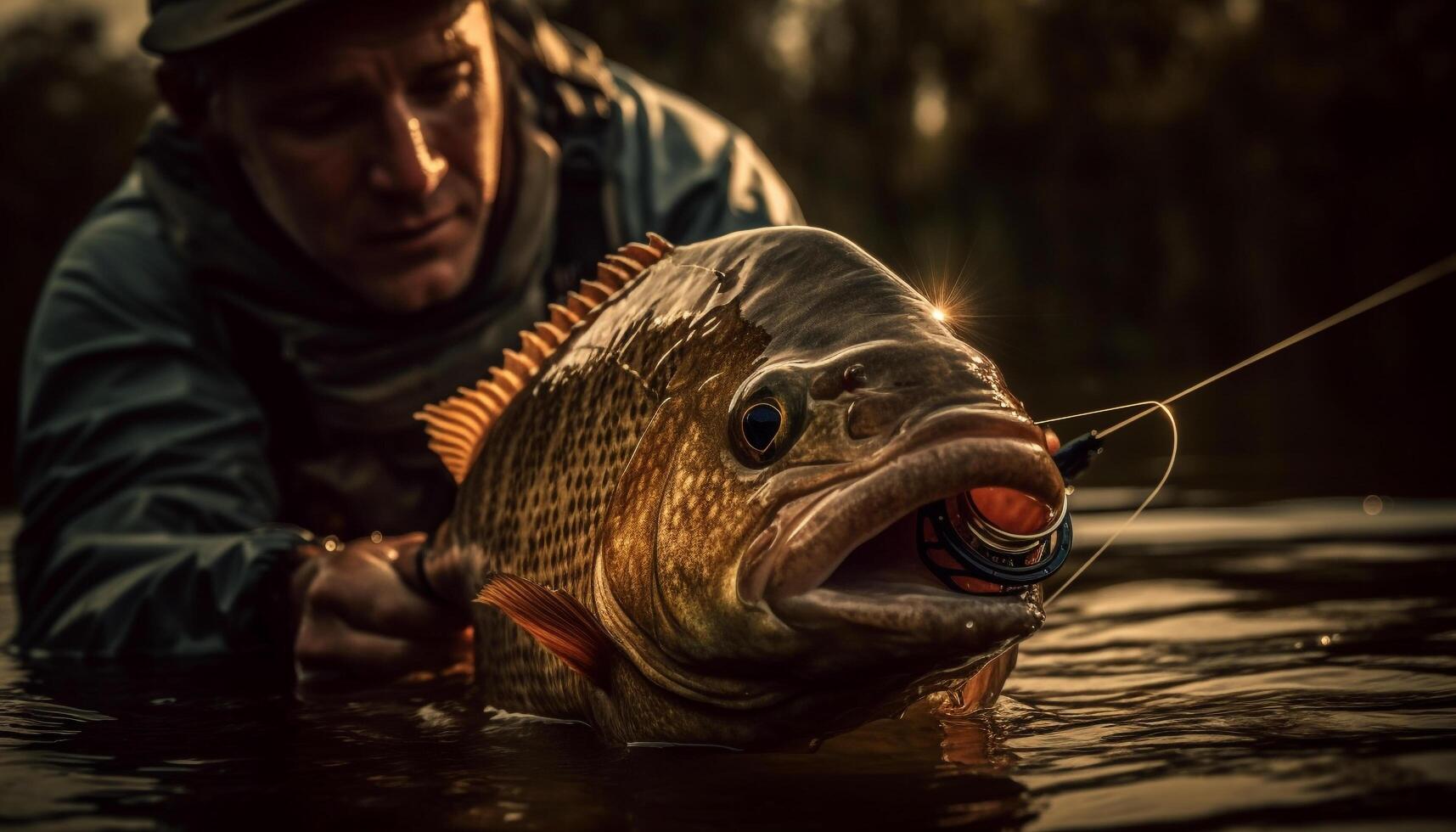 One person fishing for freshwater trout with a fishing rod generated by AI photo