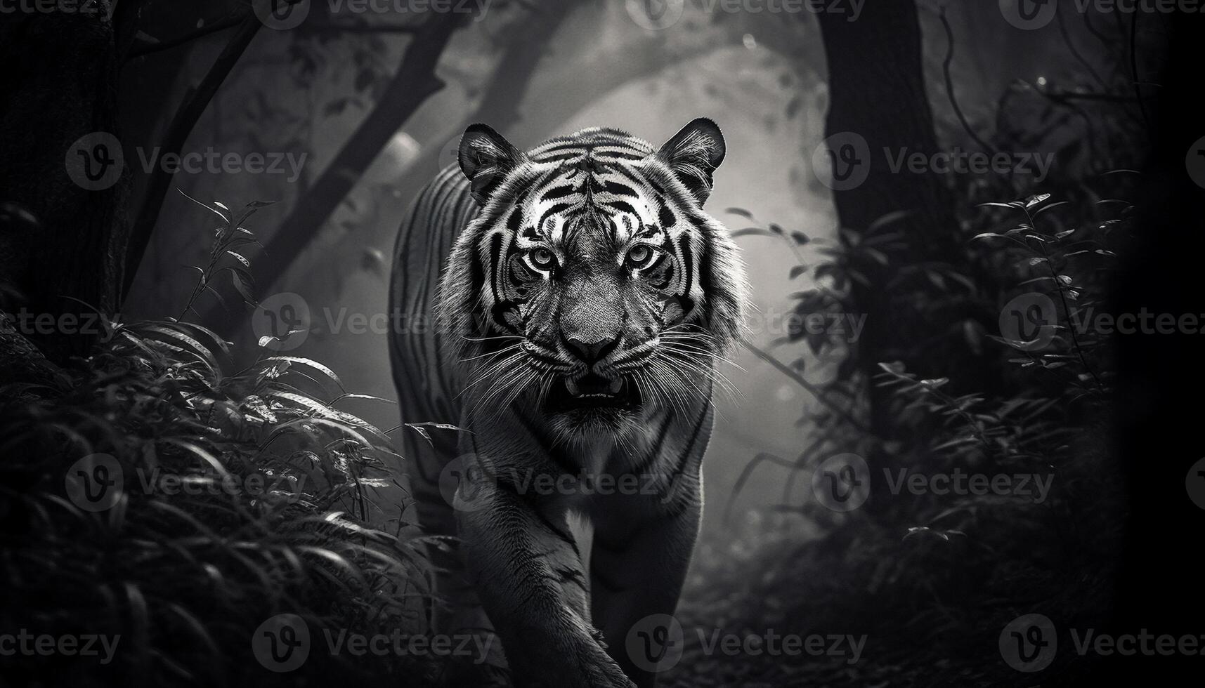 Bengal tiger walking in the forest, staring with aggression generated by AI photo