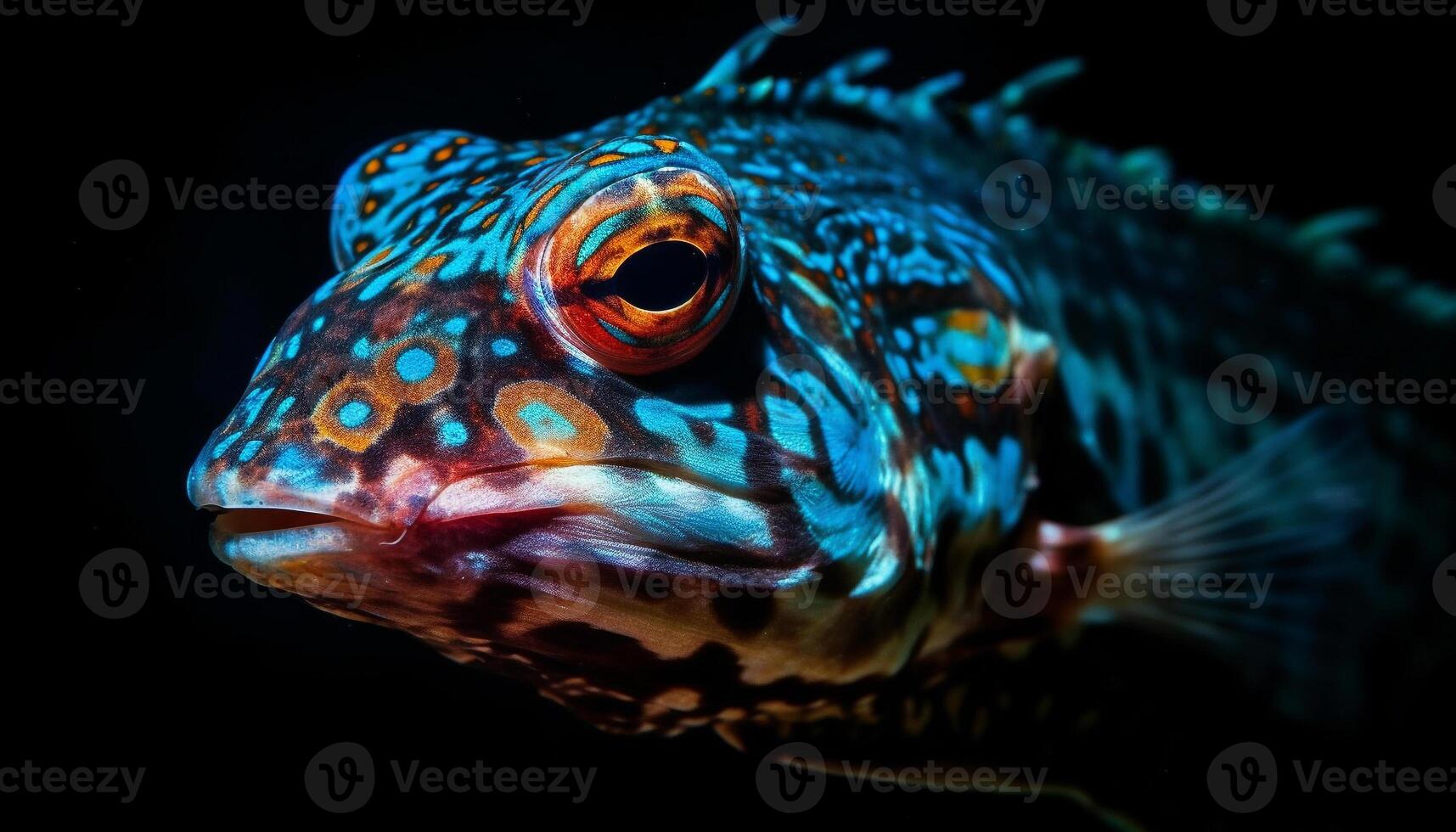 Close up of a multi colored reptile eye in underwater reef generated by AI photo