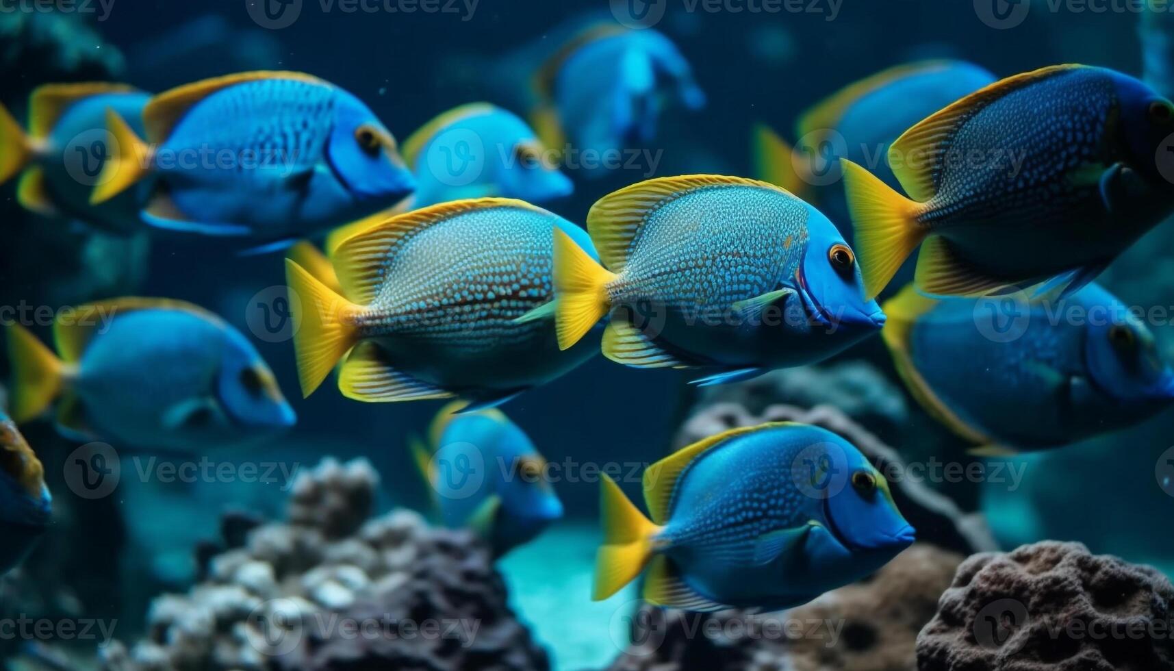 School of multi colored fish swim in natural underwater beauty generated by AI photo