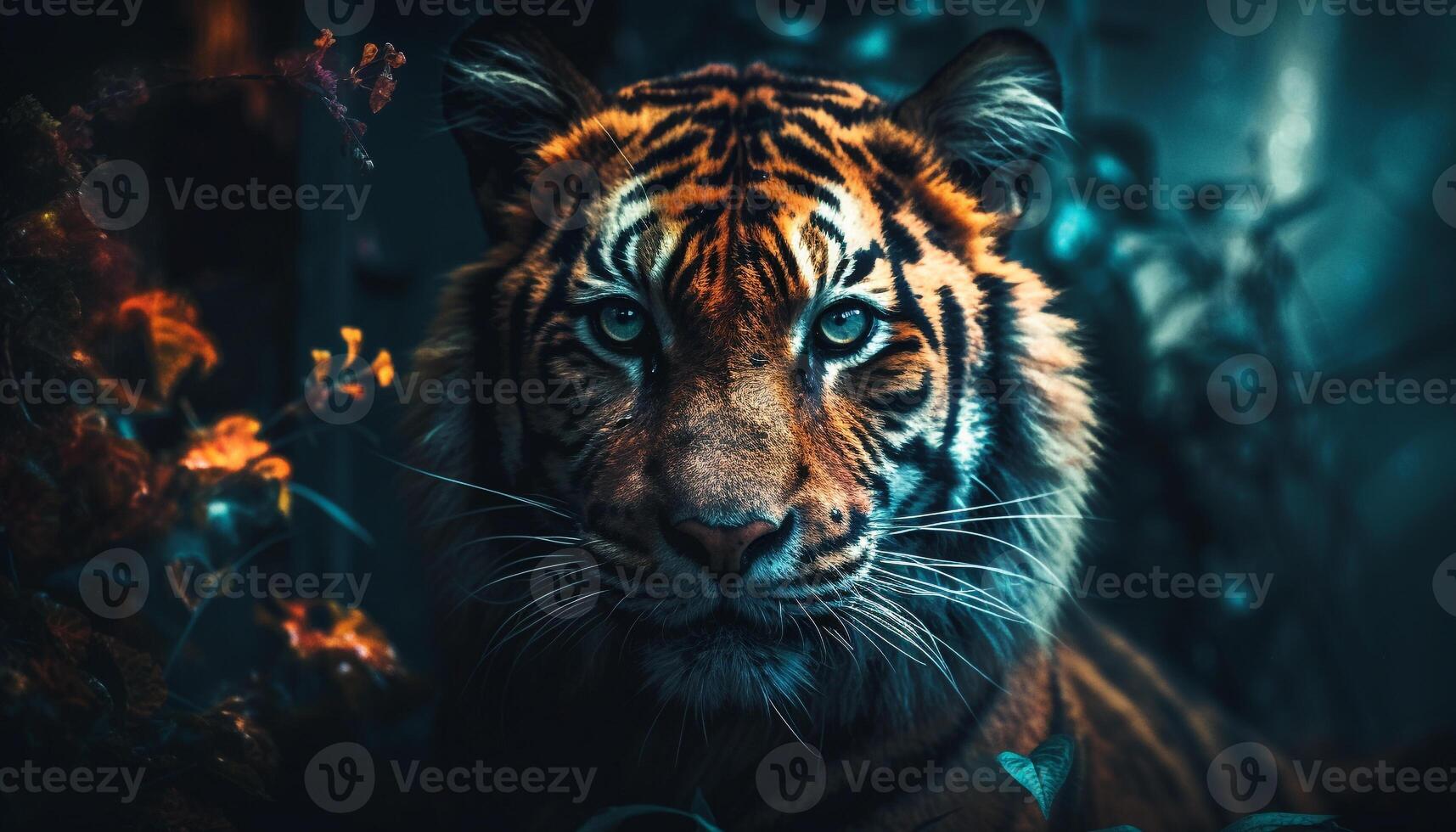 Bengal tiger staring, majestic fur and striped beauty in nature generated by AI photo