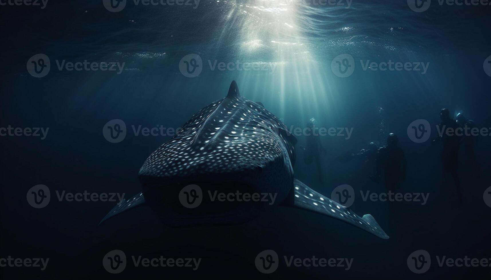 Majestic manta ray swims in tranquil, mysterious underwater seascape generated by AI photo