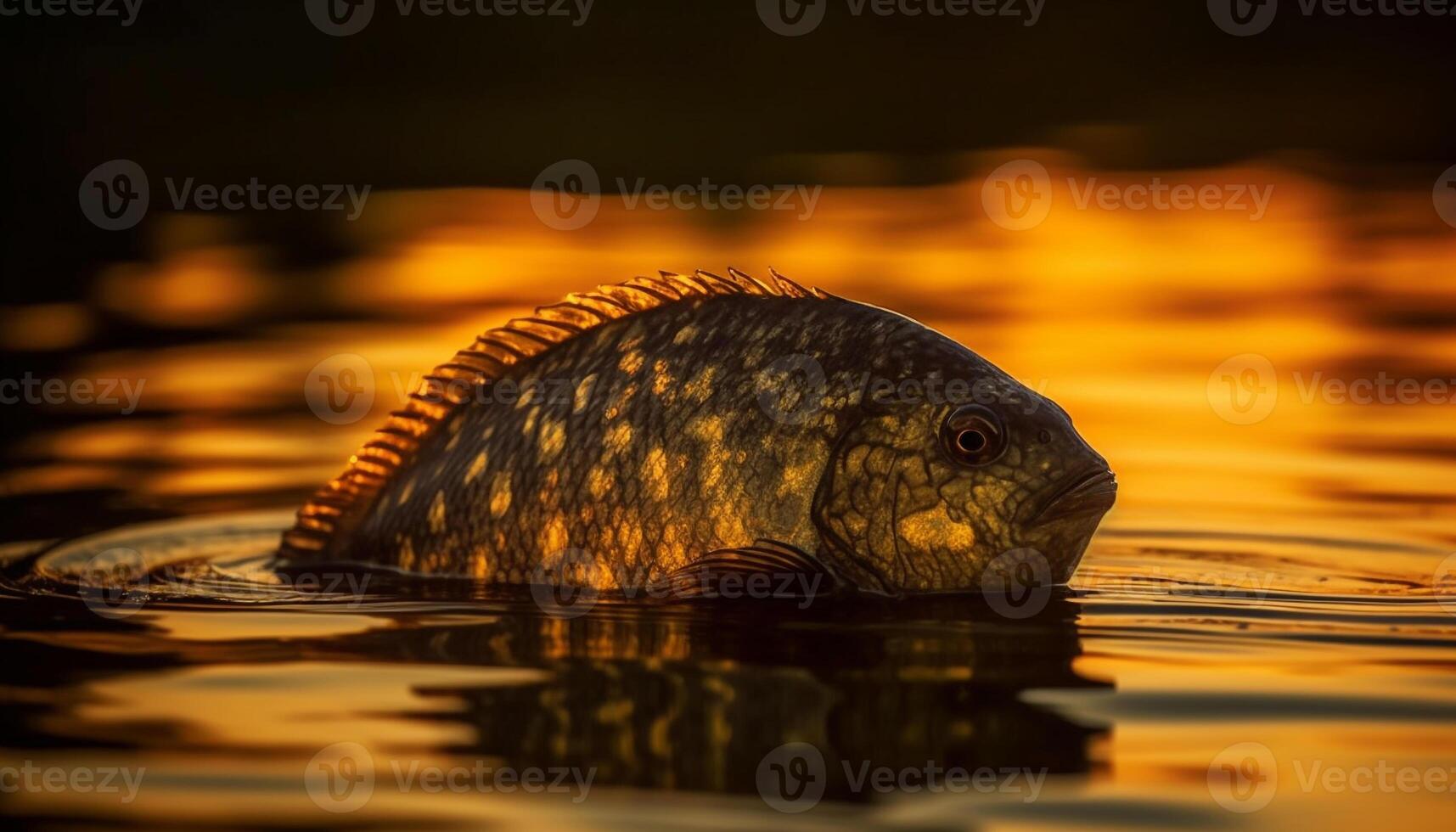 Golden carp swims in tranquil pond, reflecting natural beauty generated by AI photo