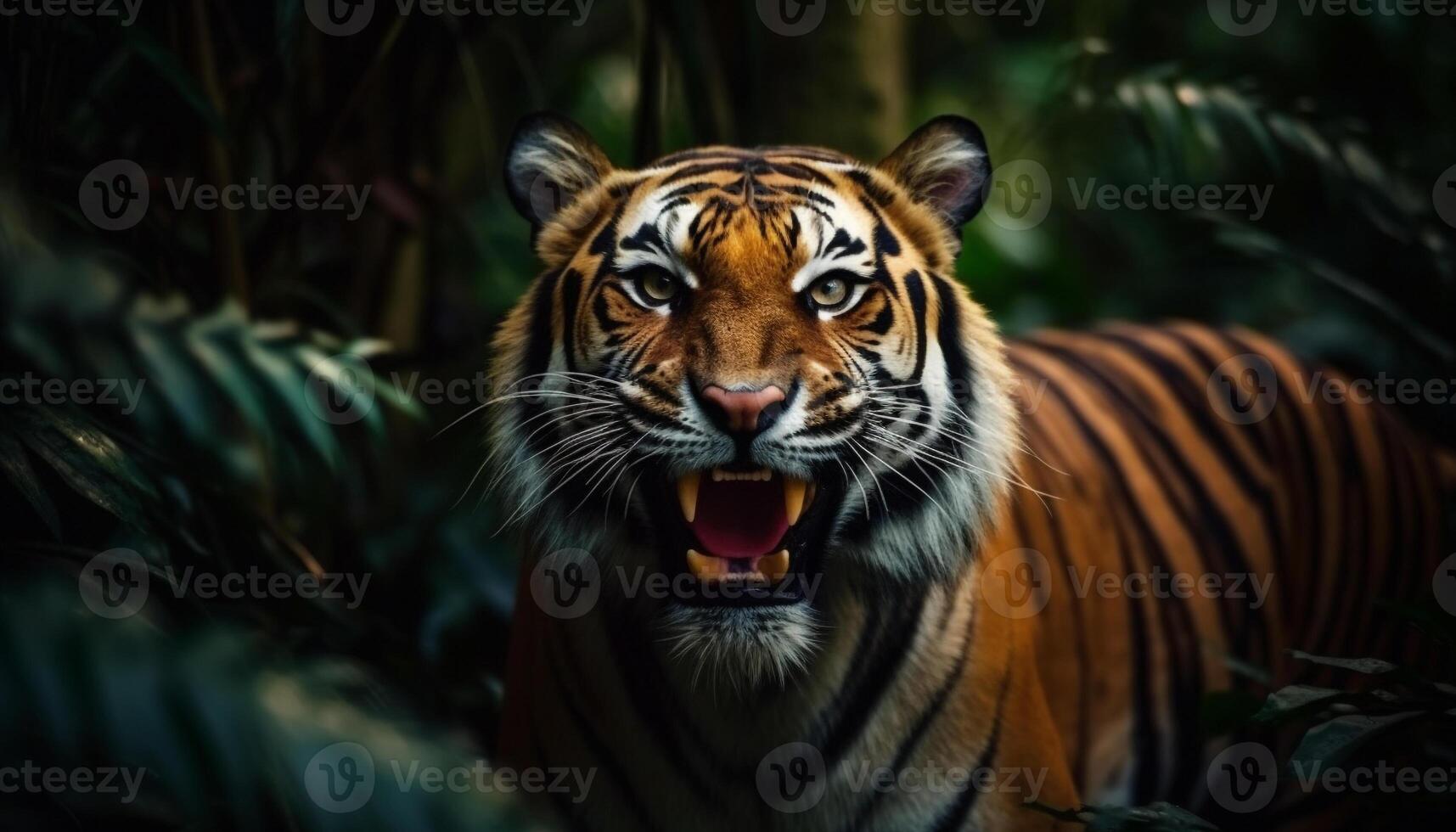 Bengal tiger staring fiercely, its striped fur a majestic pattern generated by AI photo