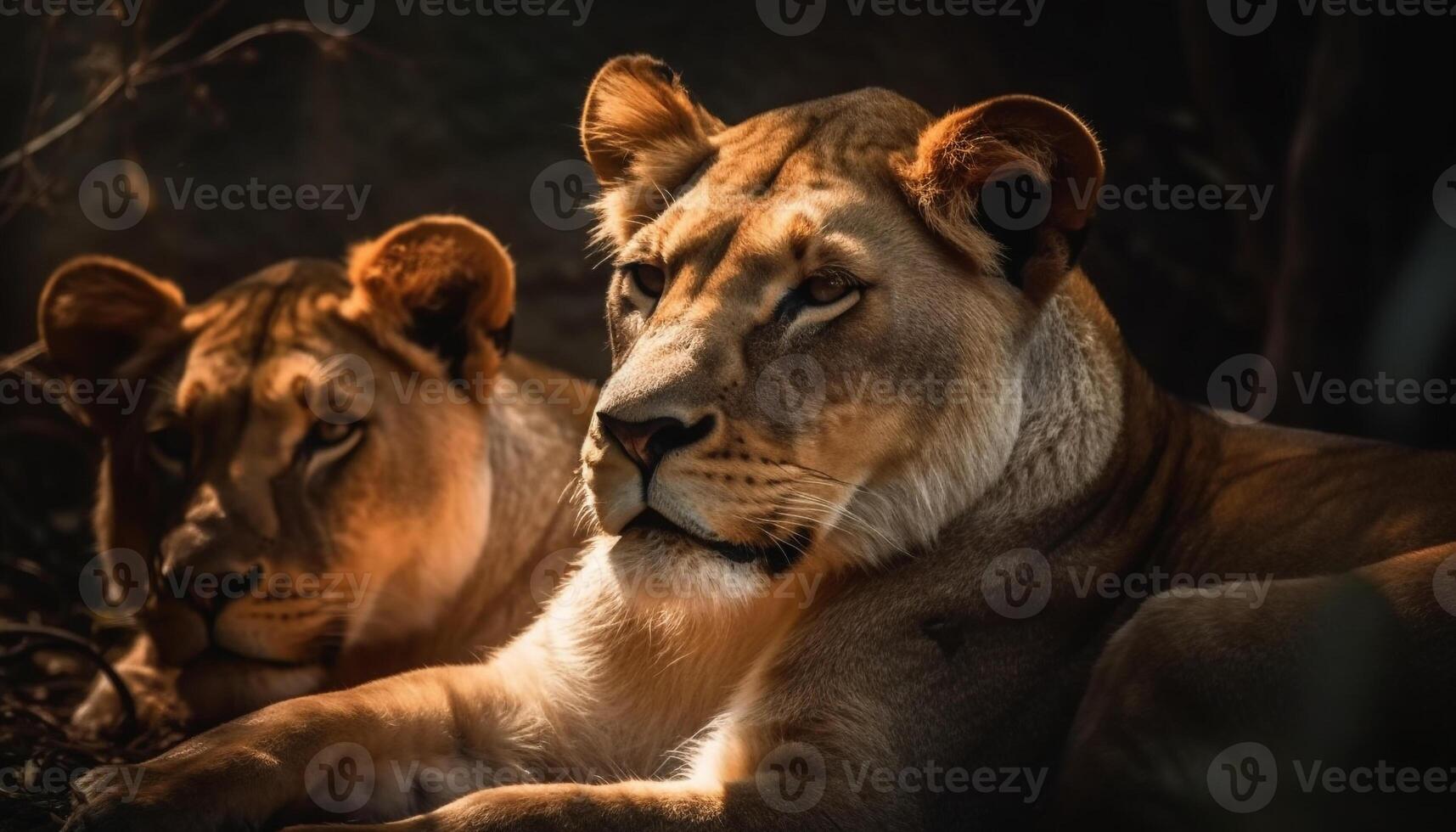 Majestic lioness staring, close up portrait, beauty in nature, wildlife reserve generated by AI photo