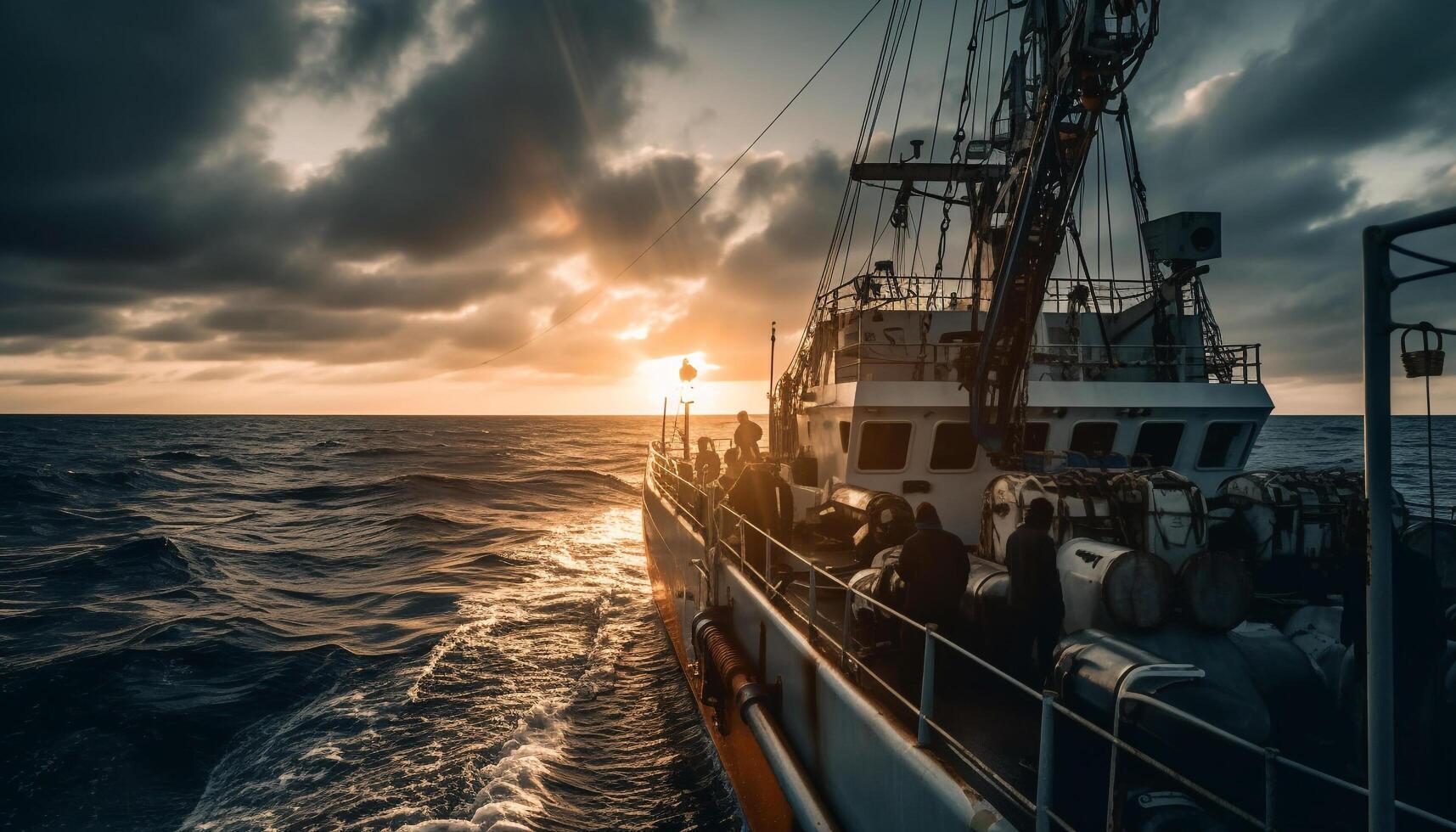 Industrial ship sails into sunset, transporting cargo containers on water generated by AI photo