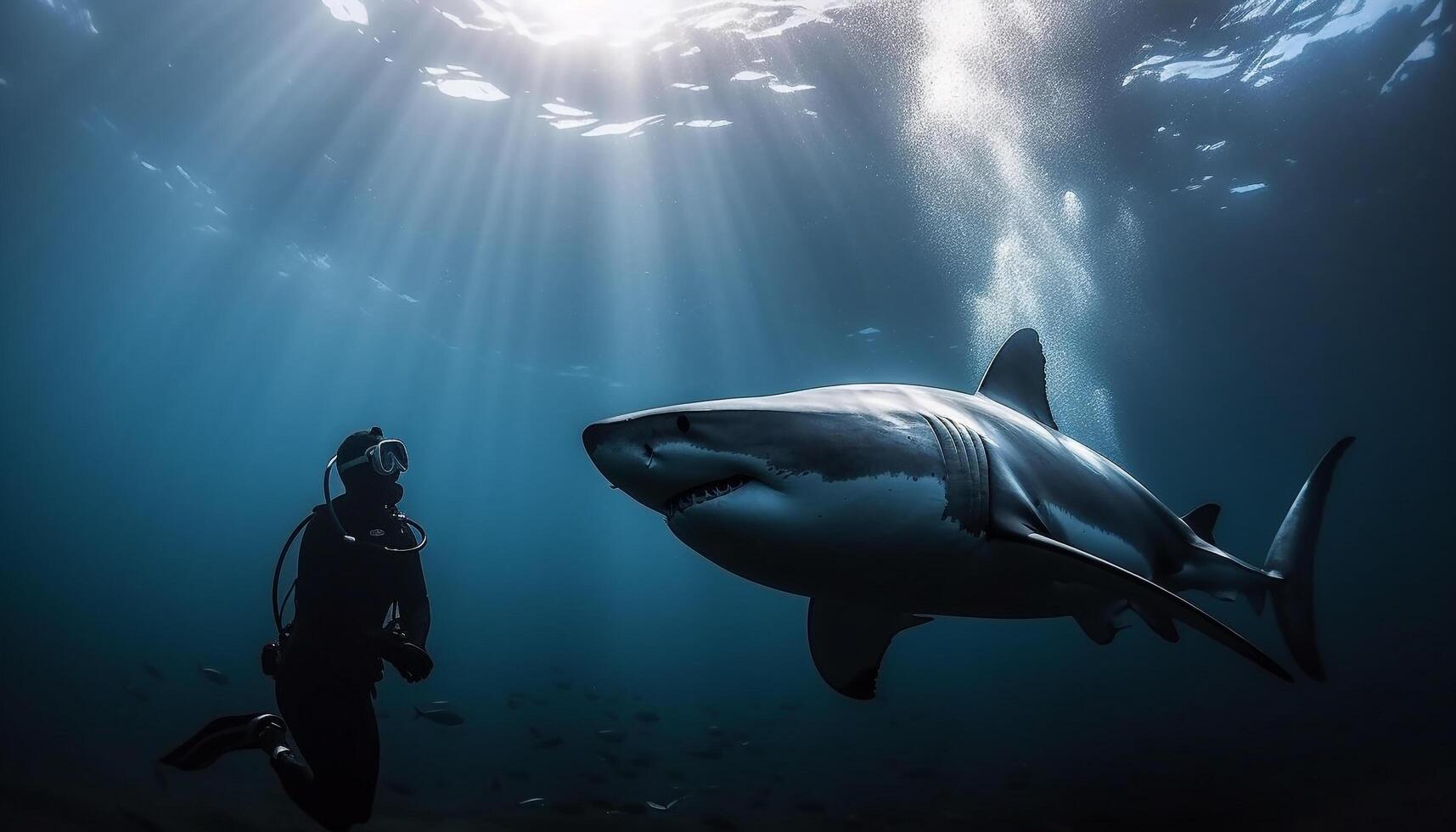 Men and women scuba diving with majestic sea life underwater generated by AI photo