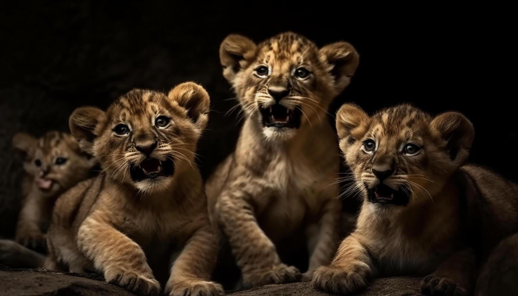Three playful feline cubs staring, teeth bared, in nature studio generated by AI photo