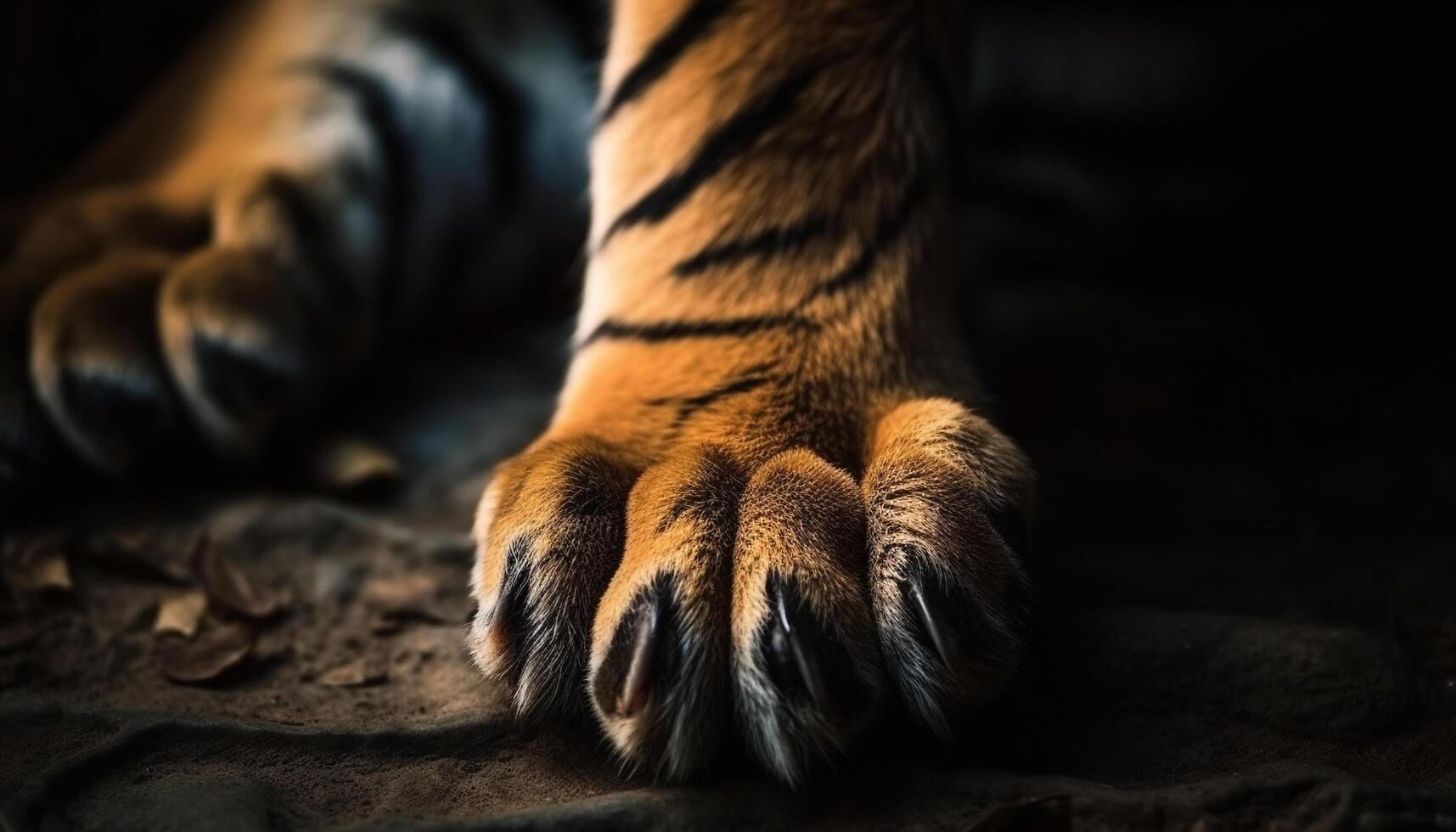 Striped Bengal tiger walking, playful kitten looking with selective focus generated by AI photo