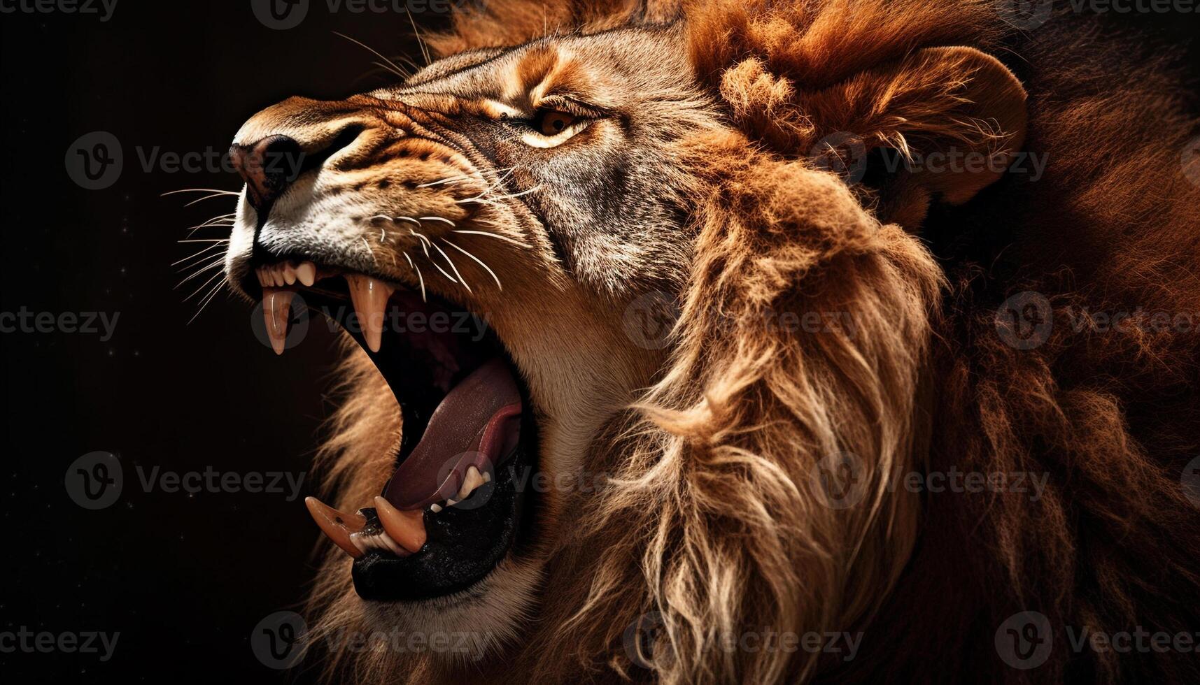 Majestic lion roaring with fury, showing teeth and large mane generated by AI photo