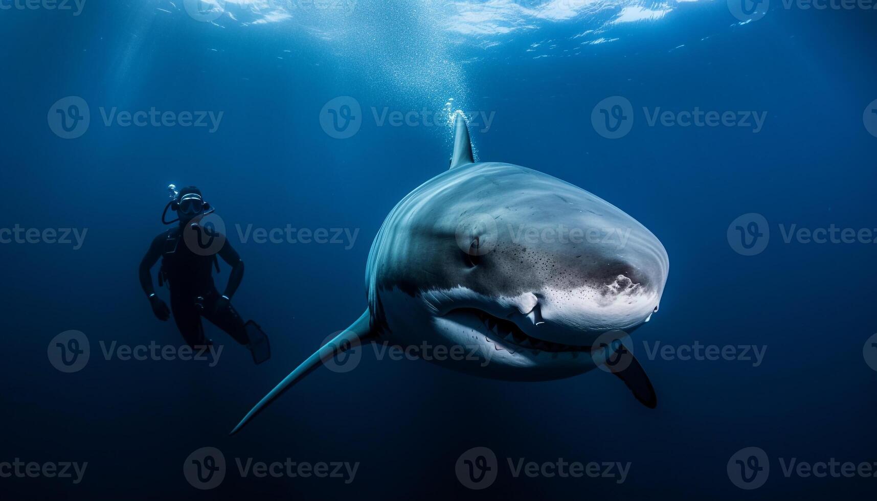 hombres buceo dentro profundo azul mar, encuentro majestuoso mar vida generado por ai foto