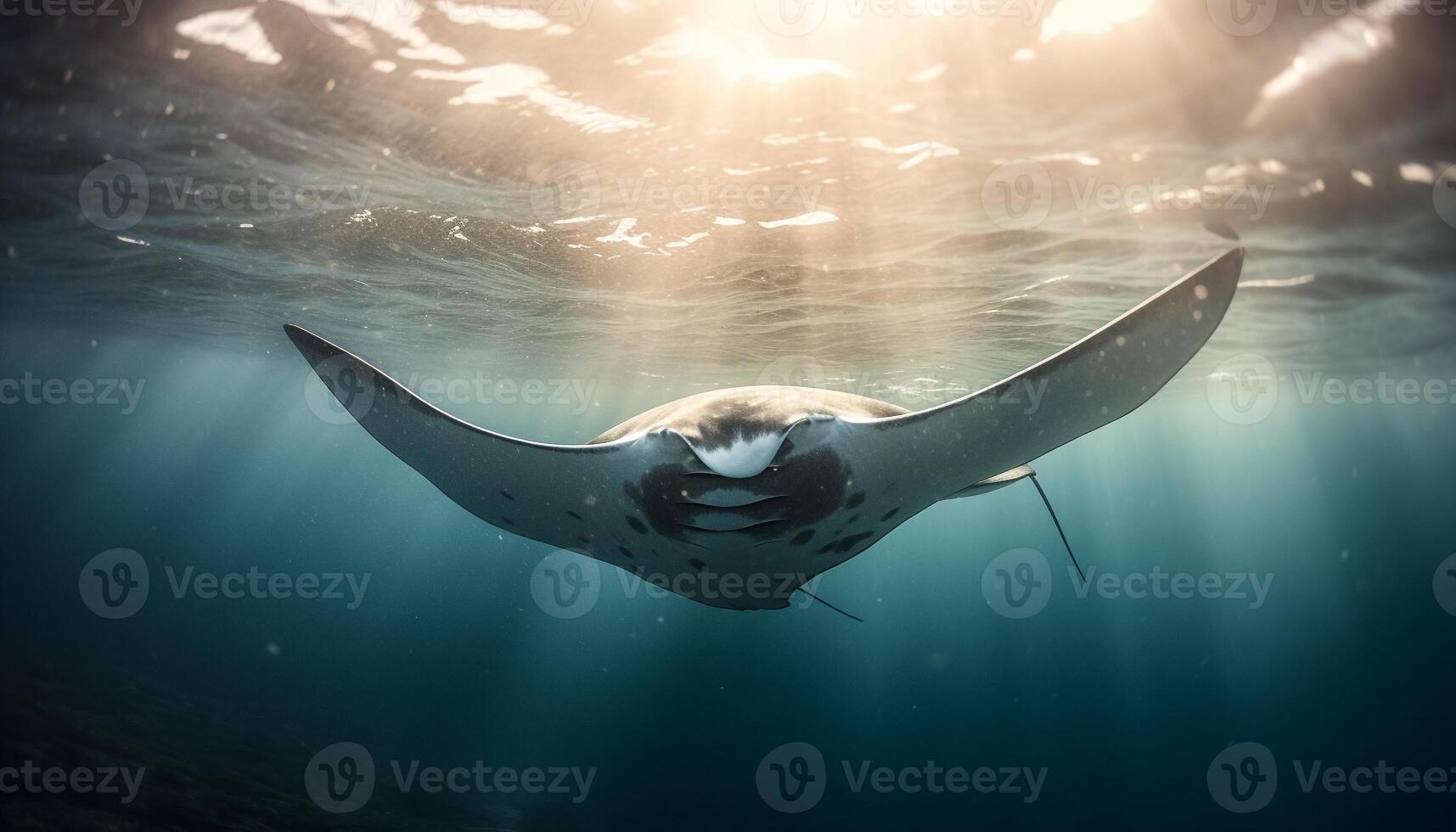 Majestic manta ray swimming in deep blue sea, surrounded by aquatic life generated by AI photo