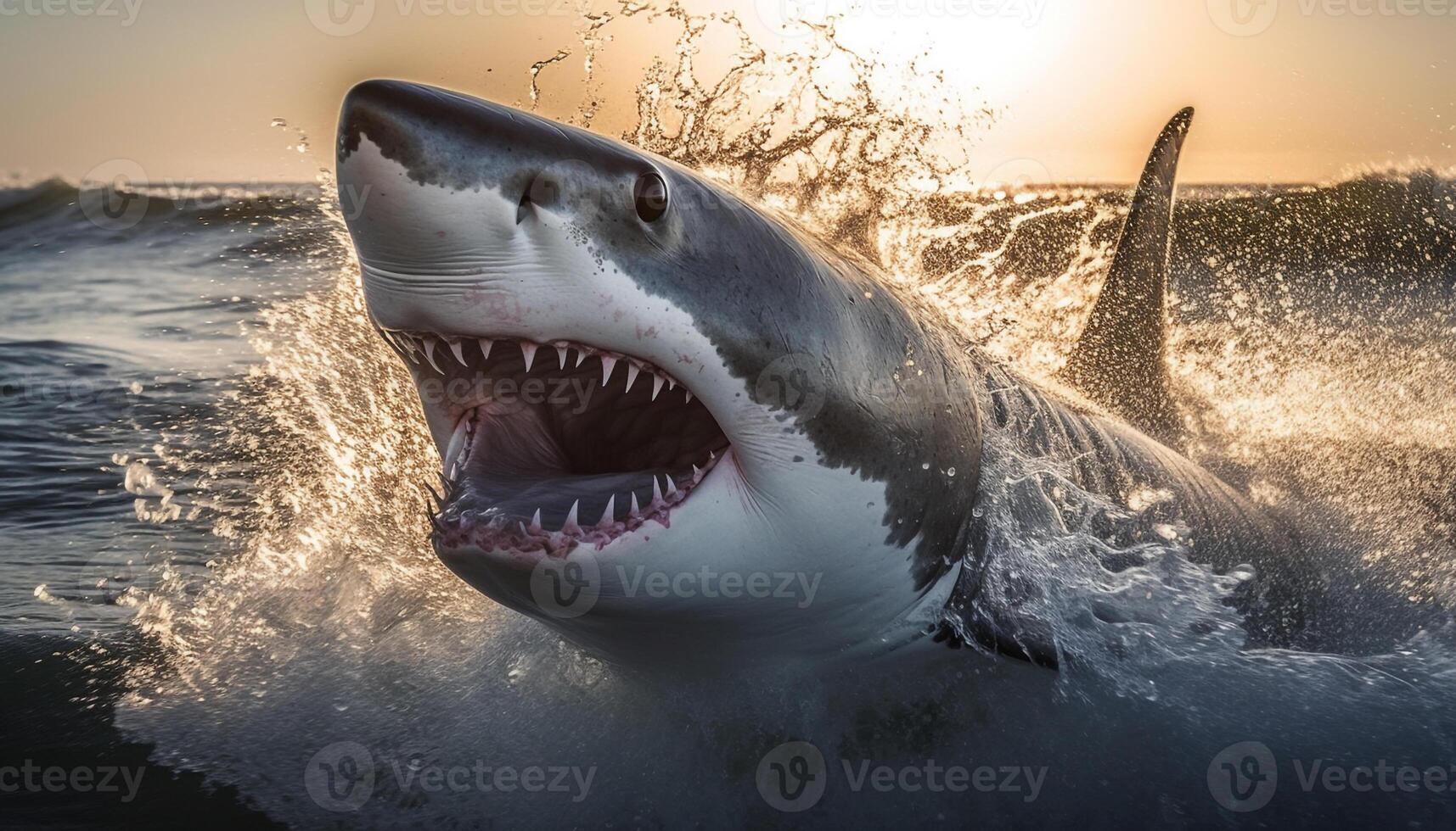 majestuoso delfín saltando en el azul mar, dientes desnudo en agresión generado por ai foto