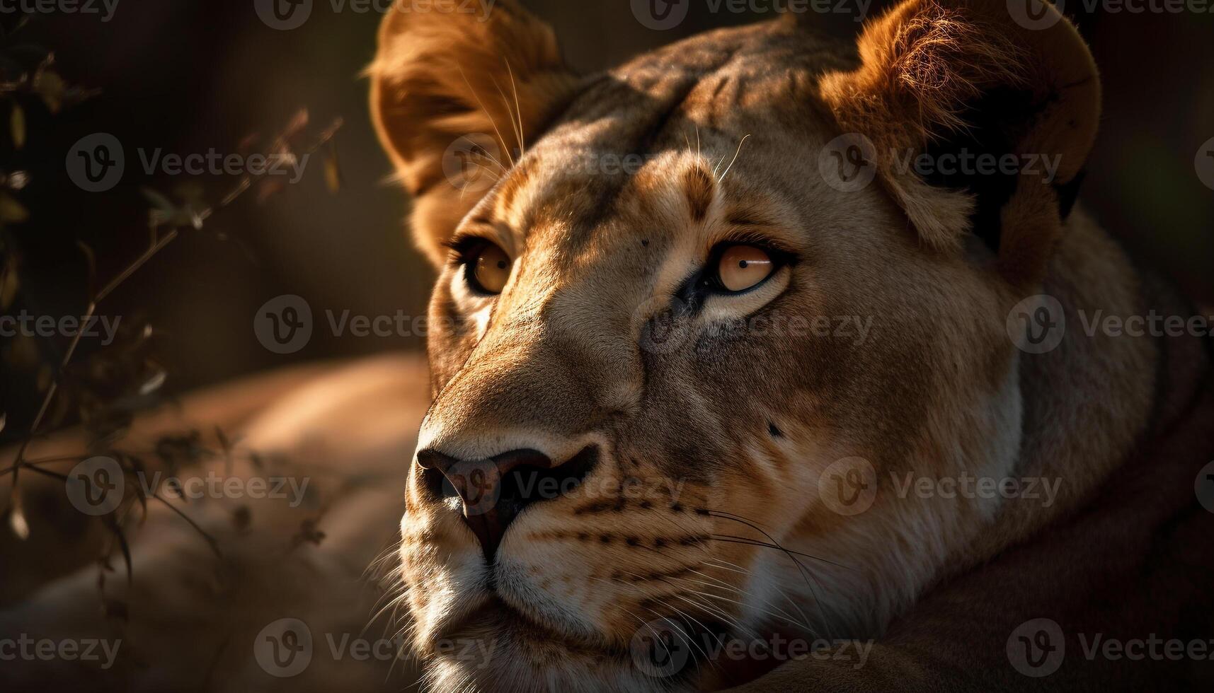 Majestic lioness staring at camera in African wilderness area generated by AI photo