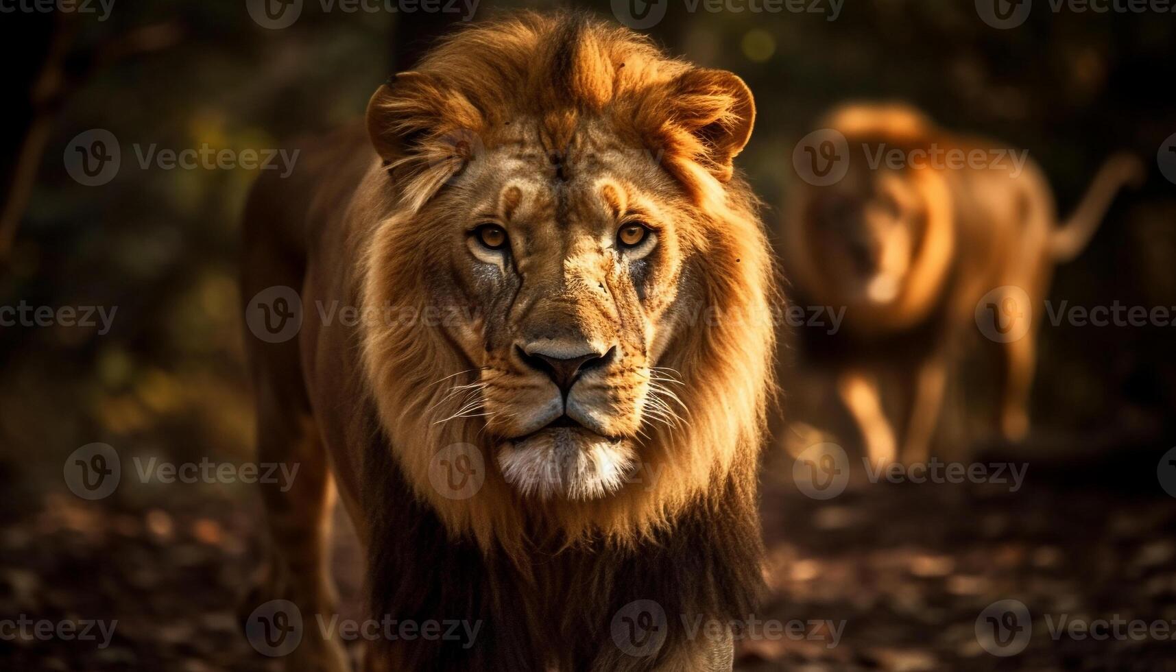 Majestic male lion walking in the African wilderness, staring ahead generated by AI photo