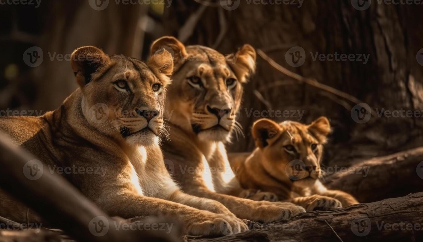 Majestic lioness resting in the wilderness, with her adorable cub generated by AI photo