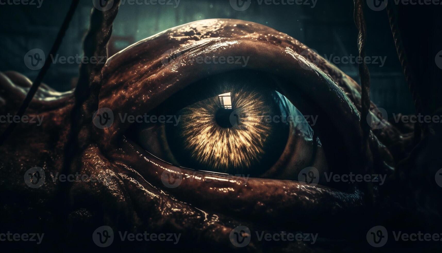 Spooky feline portrait close up of animal eye watching with fear generated by AI photo