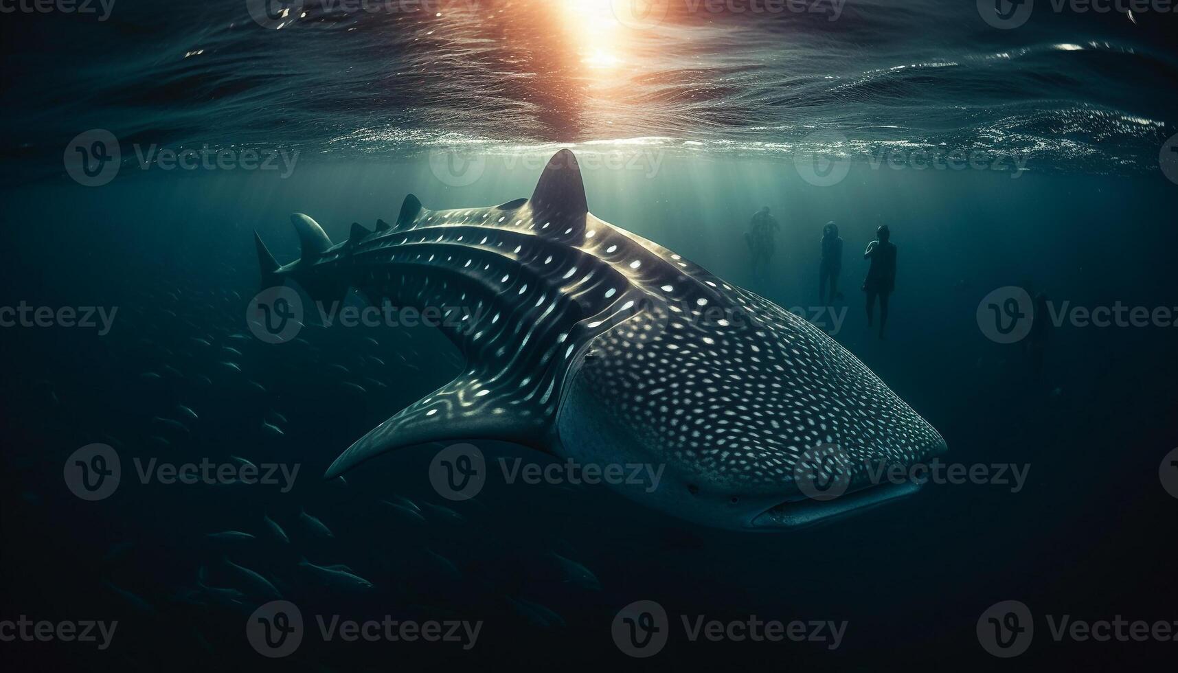 Majestic turtle swims in tropical seascape, surrounded by underwater animals generated by AI photo