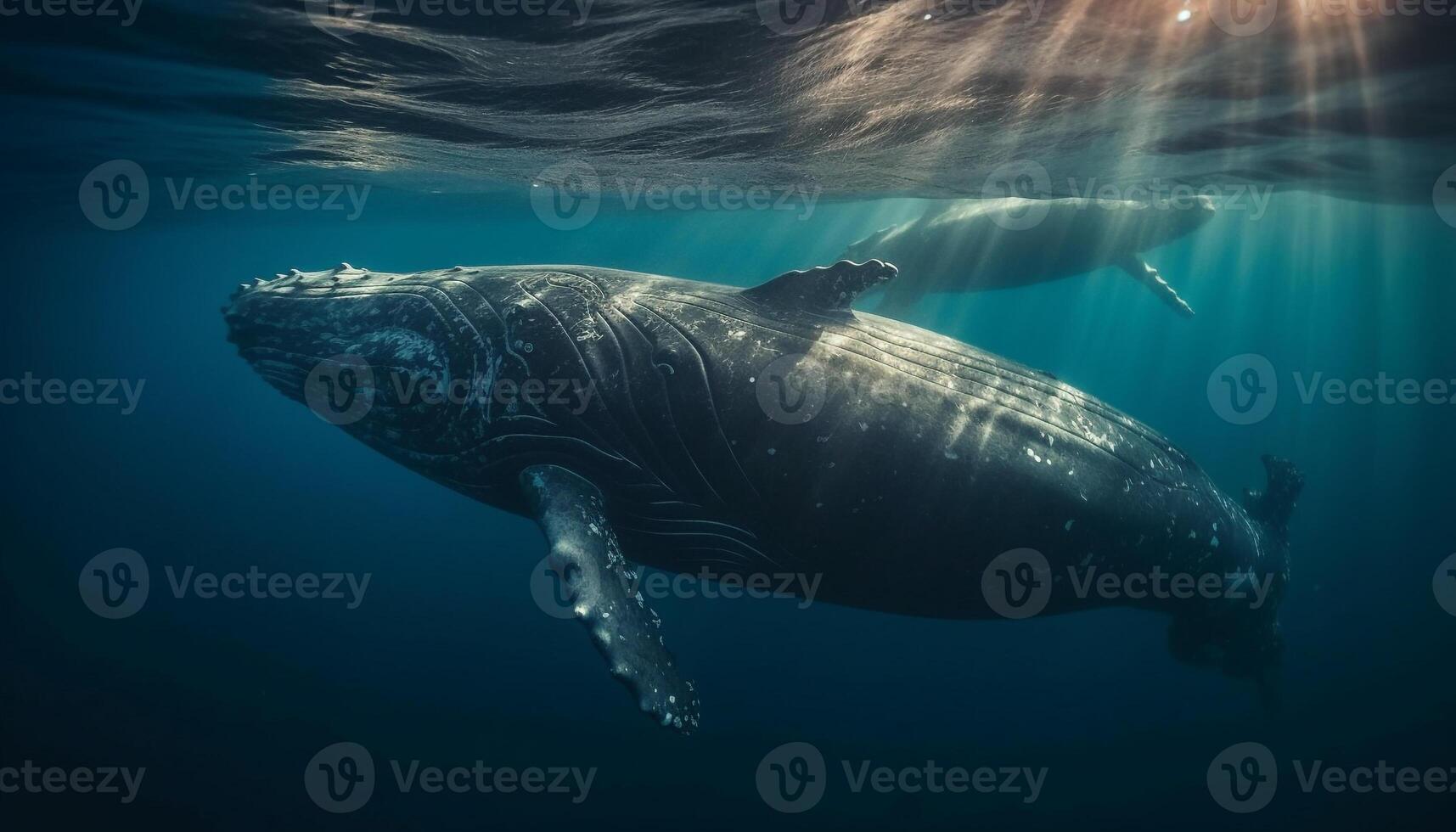 Deep below, giant humpback whale swims majestic in tropical seascape generated by AI photo