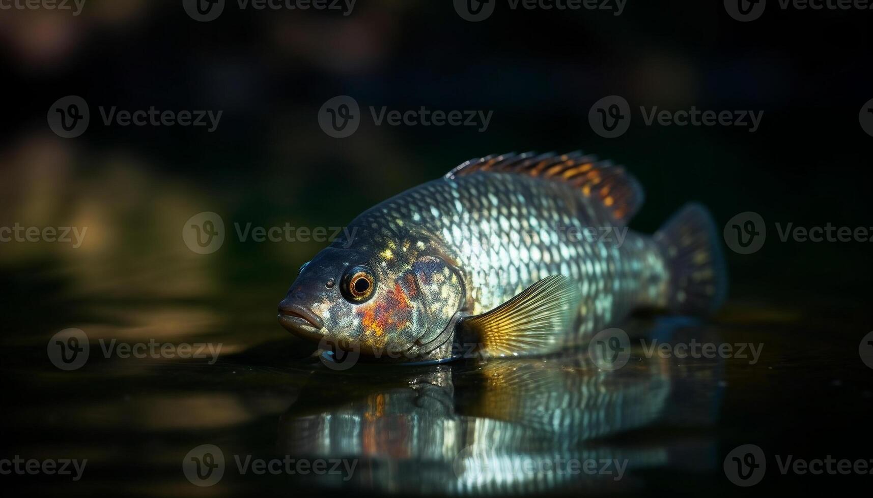 Colorful fish swim in tranquil freshwater pond, surrounded by nature generated by AI photo