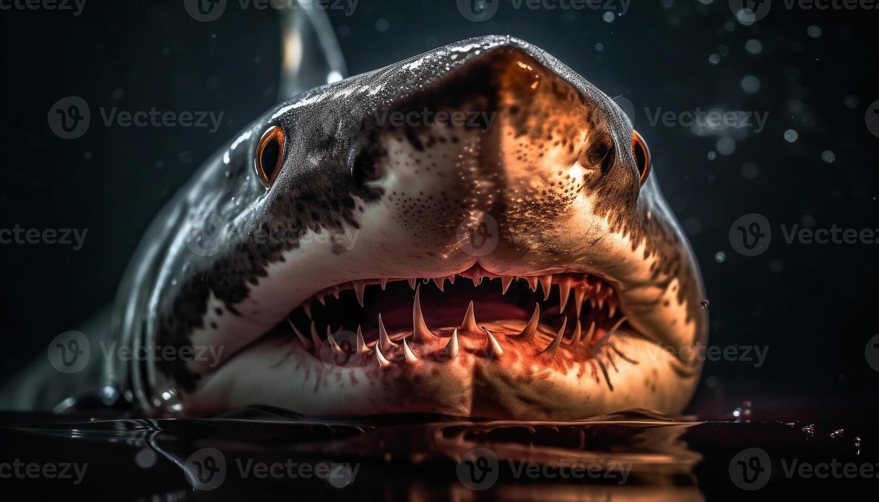 Furious crocodile swimming in dark, spooky underwater with sharp teeth generated by AI photo