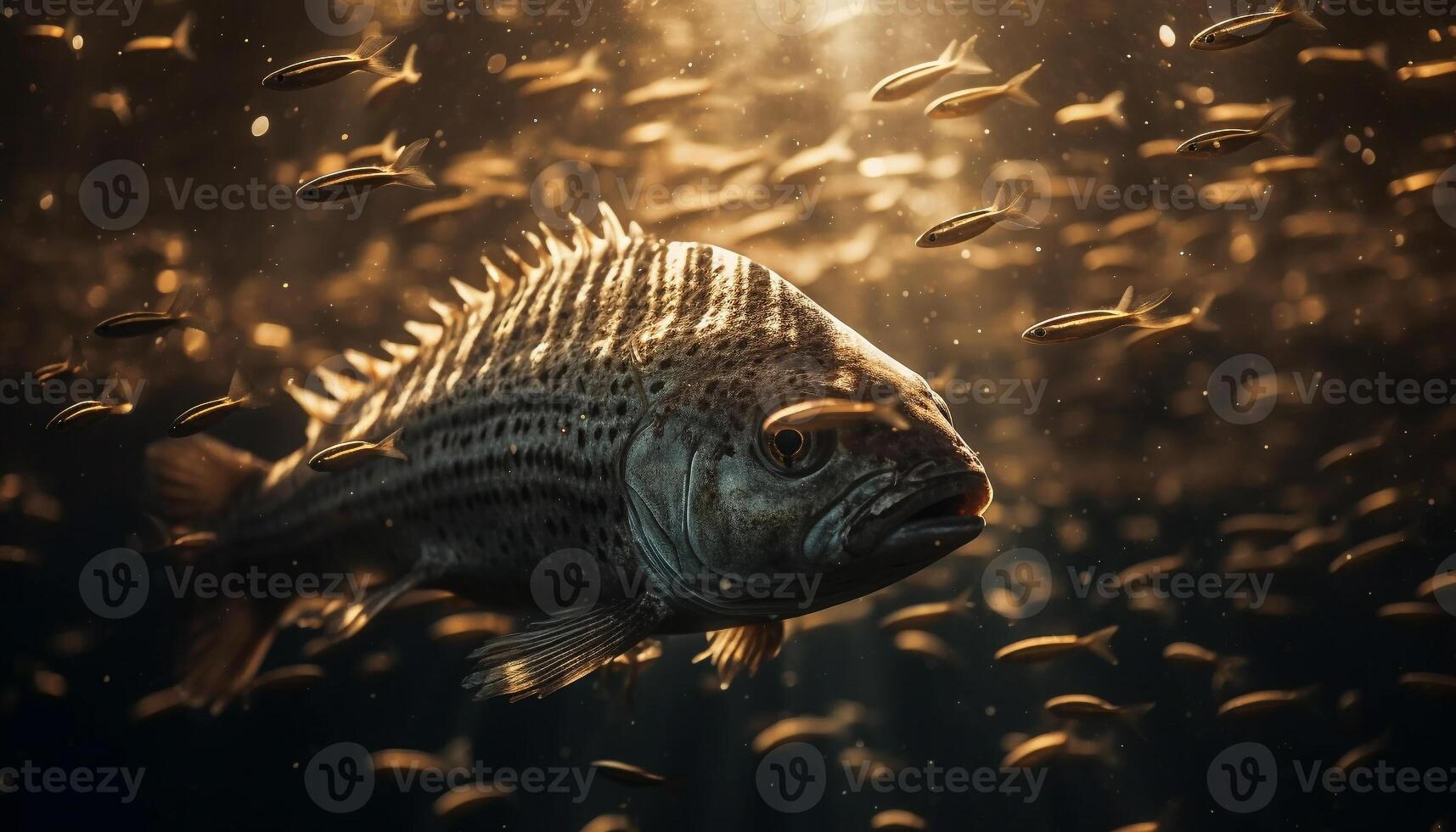 Sharp teeth of yellow fish in dark underwater motion generated by AI photo