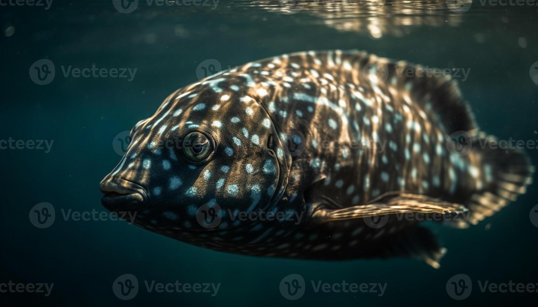 A spotted turtle swimming in the multi colored coral reef generated by AI photo