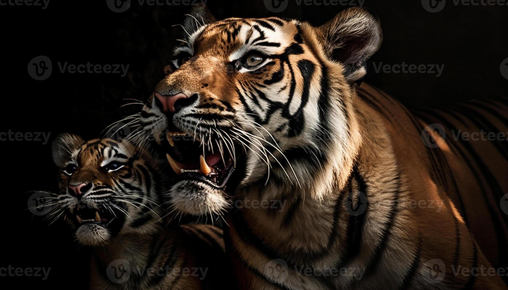 Majestic Bengal tiger staring fiercely with sharp teeth in focus generated by AI photo