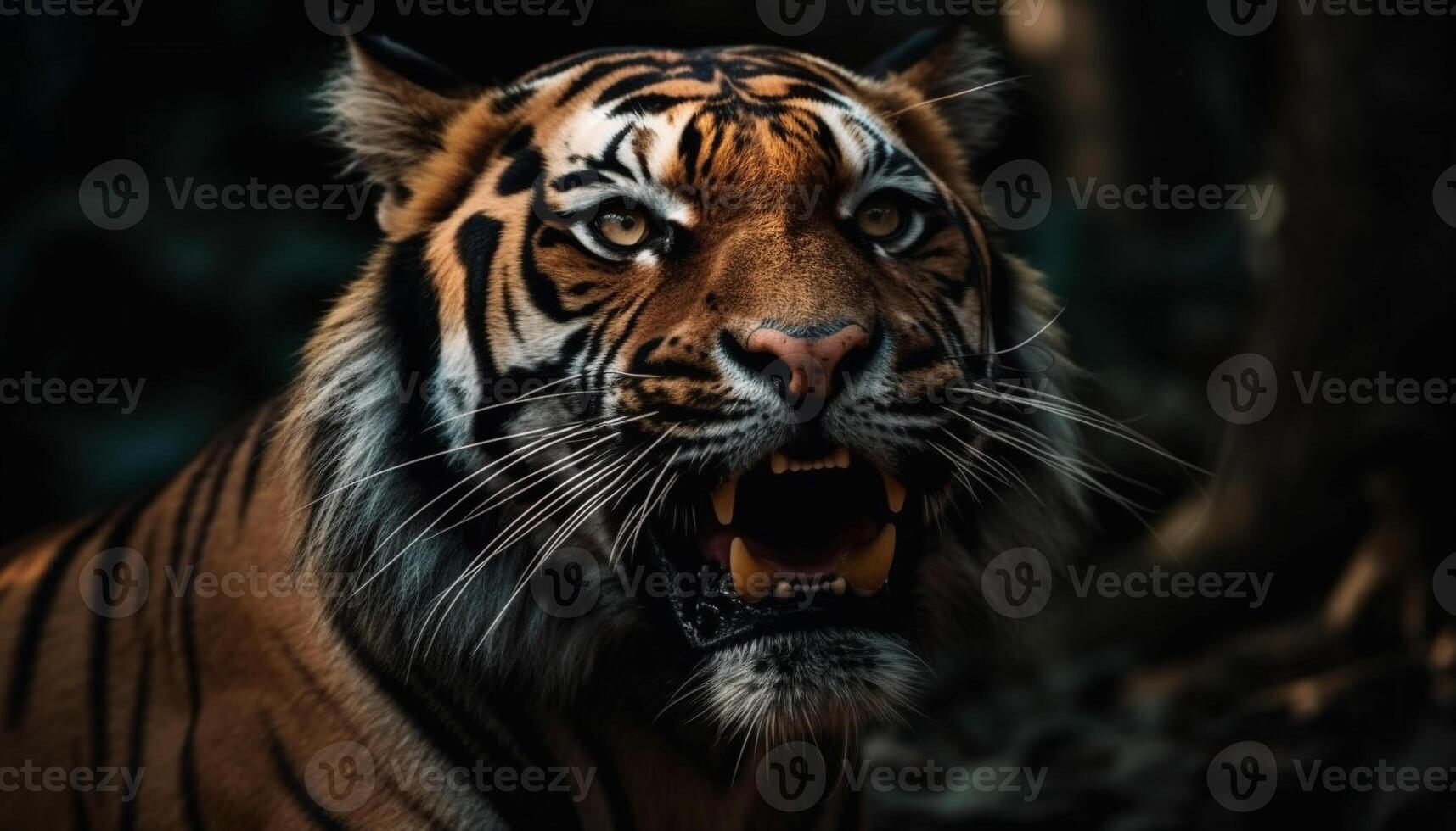 cerca arriba retrato de un majestuoso Bengala Tigre curioso ferozmente generado por ai foto
