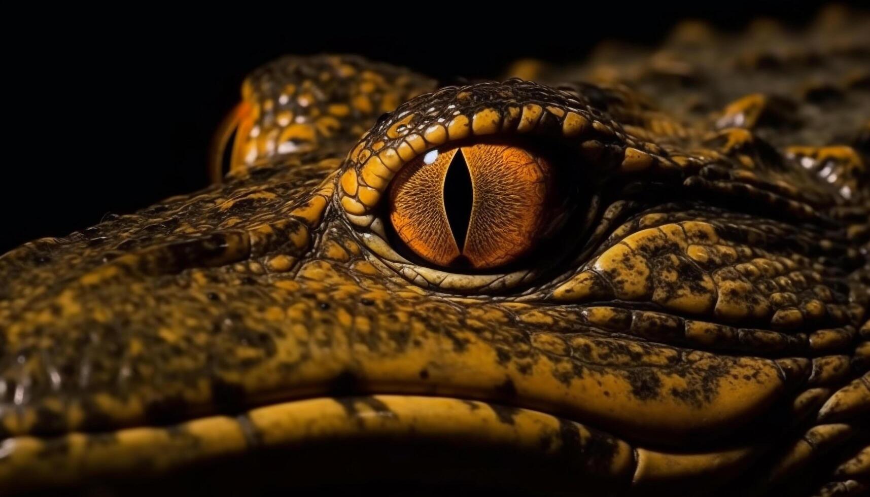 Yellow eyed crocodile in the dark, scales and teeth exposed generated by AI photo