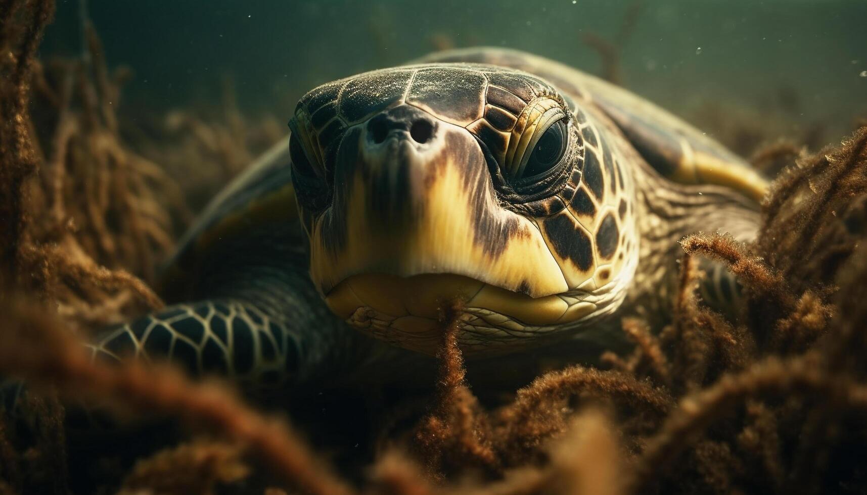 Slow swimming sea turtle crawls through multi colored coral reef generated by AI photo
