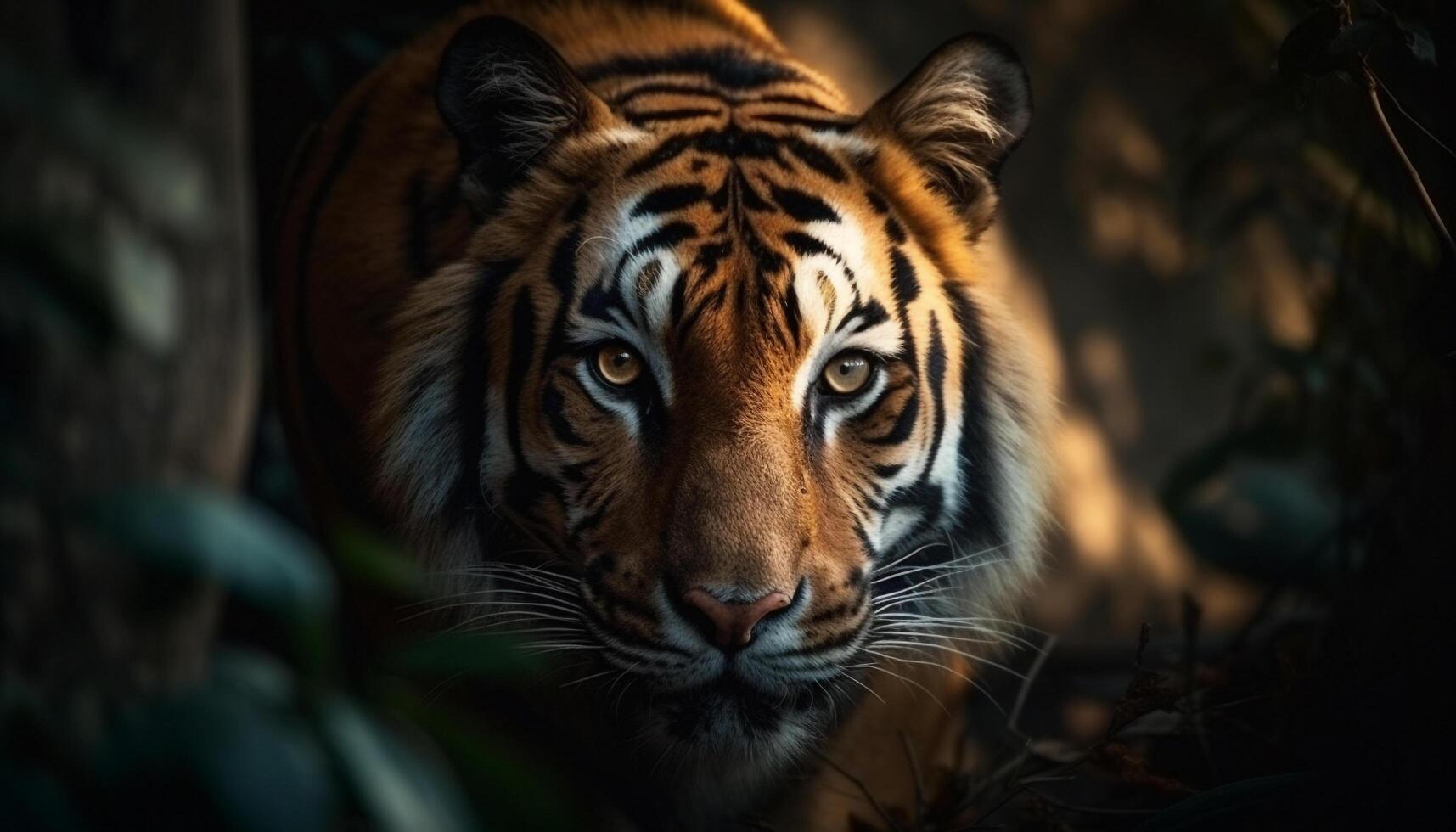 Bengal tiger staring, close up portrait of majestic undomesticated cat generated by AI photo