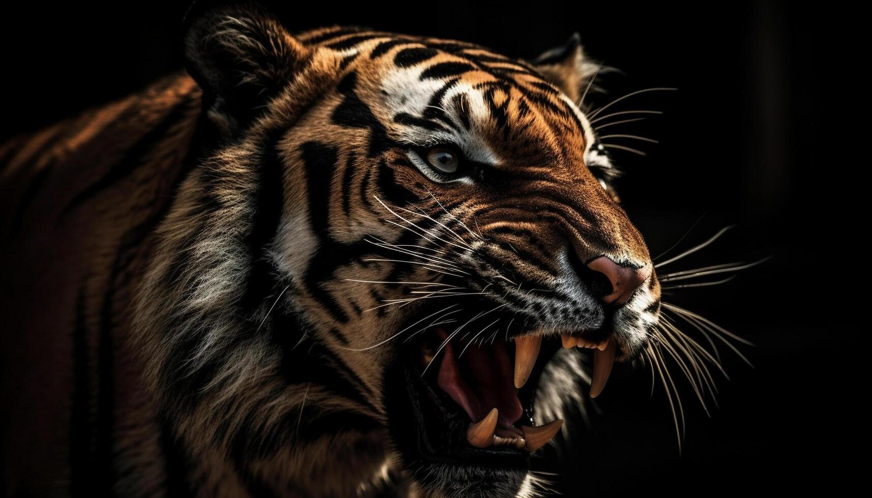 Majestic striped big cat staring fiercely, teeth bared in aggression generated by AI photo