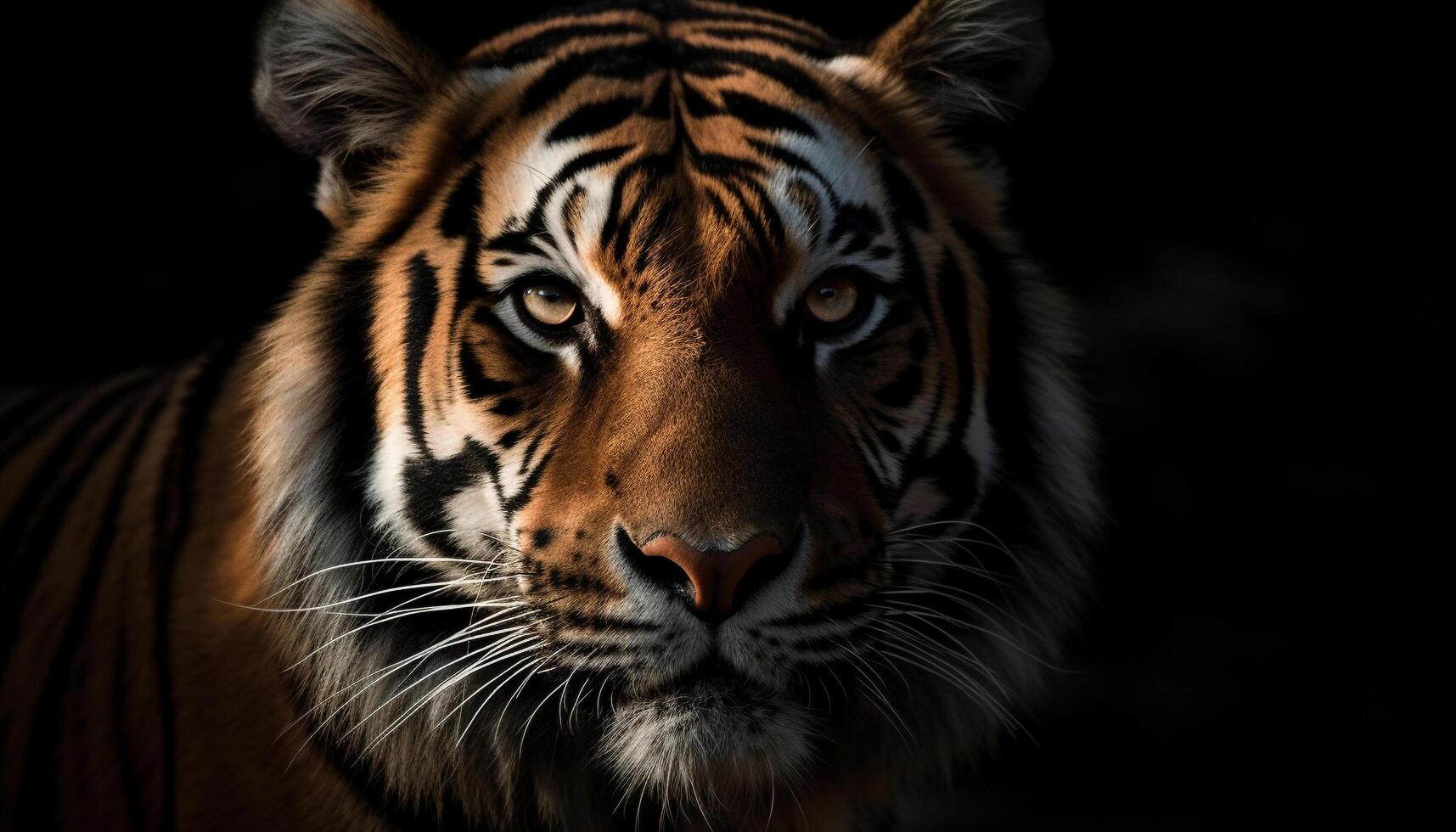 Majestic Bengal tiger staring, close up portrait, selective focus on foreground generated by AI photo
