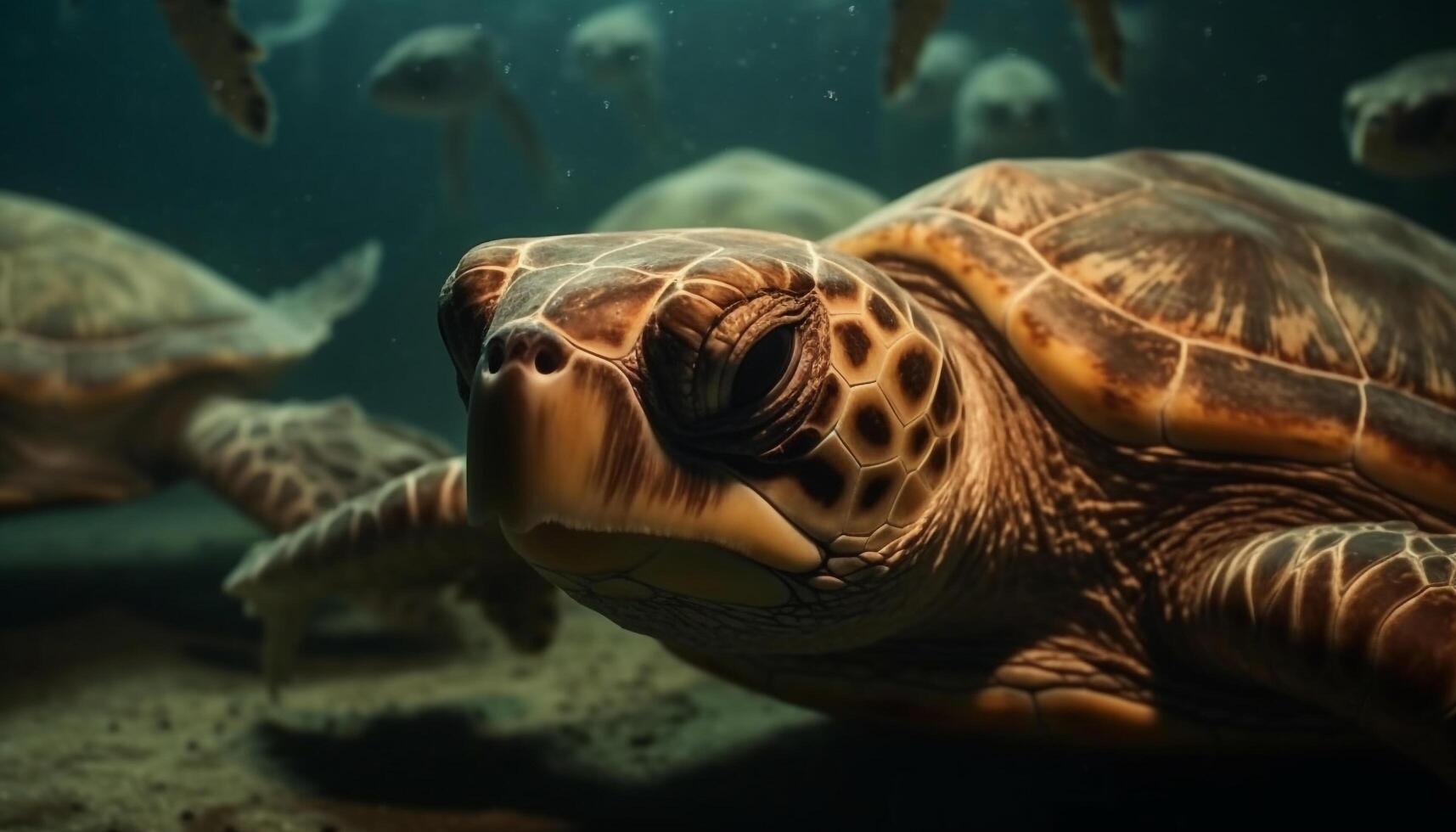 Slow moving sea turtle endures in multi colored coral reef environment generated by AI photo