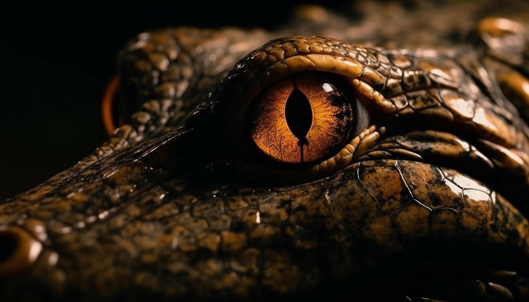 Crocodile hiding in wet swamp, focus on animal eye generated by AI photo