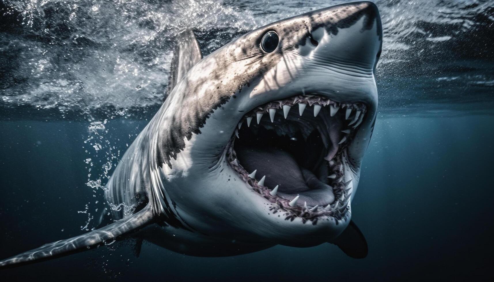 Spooky underwater giant fish with sharp teeth in motion, danger generated by AI photo